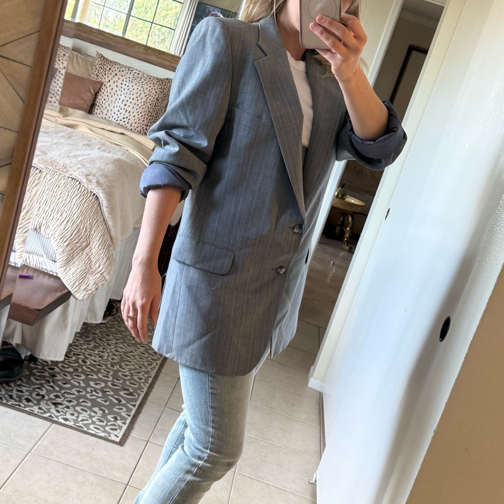 VINTAGE Yves Saint Laurent Light Blue + Tan Plaid Blazer + Removable Fur Collar - Picture 12 of 13